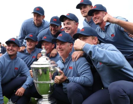 Great Britain and Ireland celebrate after winning the Walker Cup for the first time since 2015